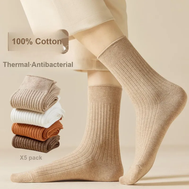 MIIOW Mid Calf Socks Women's 5 Pack Light Brown-1