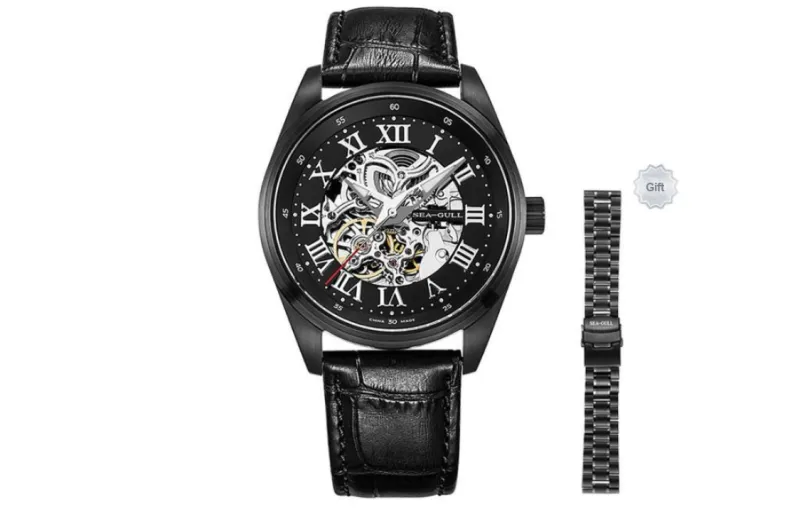 Sea Gull Edge Collection Automatic Mechanical Movement Genuine Leather Strap Watch Men's Watches Cut Out Dial-7