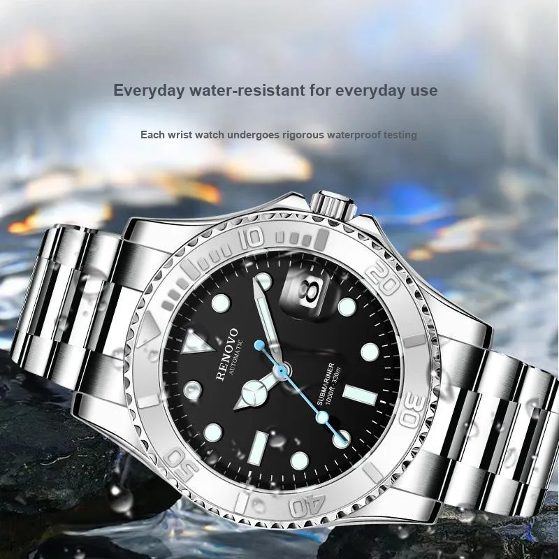 RENOVO Mechanical Movement Stainless Steel Watchband Watch Men's Watches Black Dial-5