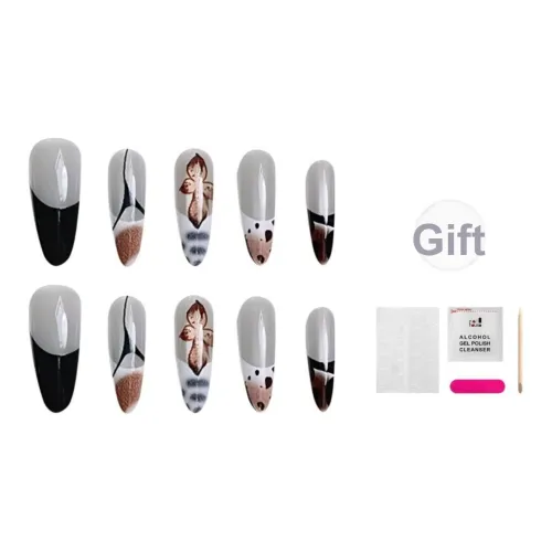 JIABITU Бабочка Леопардовый принт Съемный Стиль False Nail Миндаль Черно-коричневый Градиентный Французский