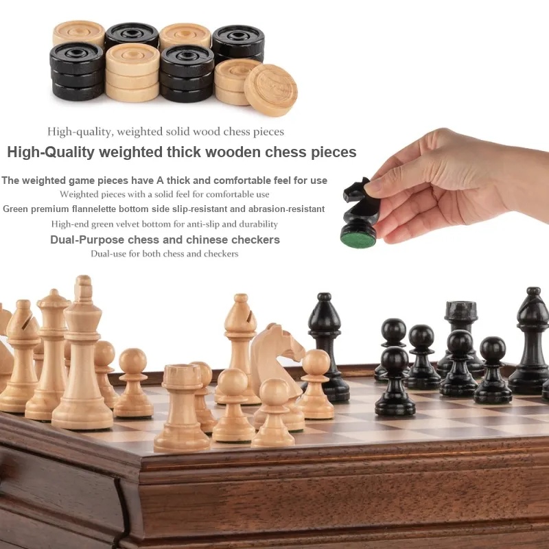 A&A LINGYU Walnut Wood Chess Checkers Set, Premium Solid Wood Board Games-1