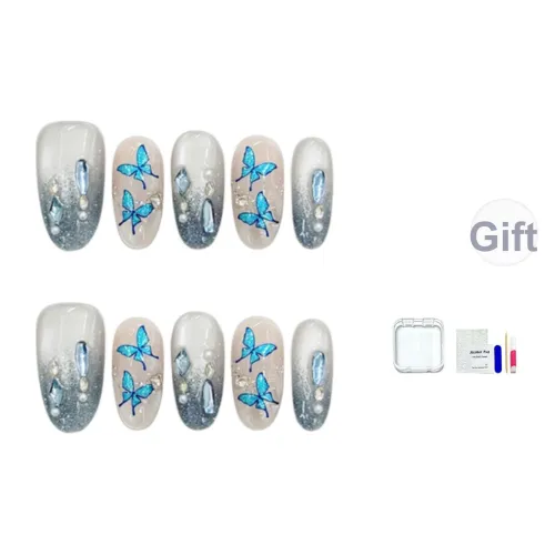 JINGCHANXUE [Dream Морской синий Butterfly] Ocean Positioning Style Butterfly False Nail Oval Кожа Flattering Gradient Cat Eye 16mm
