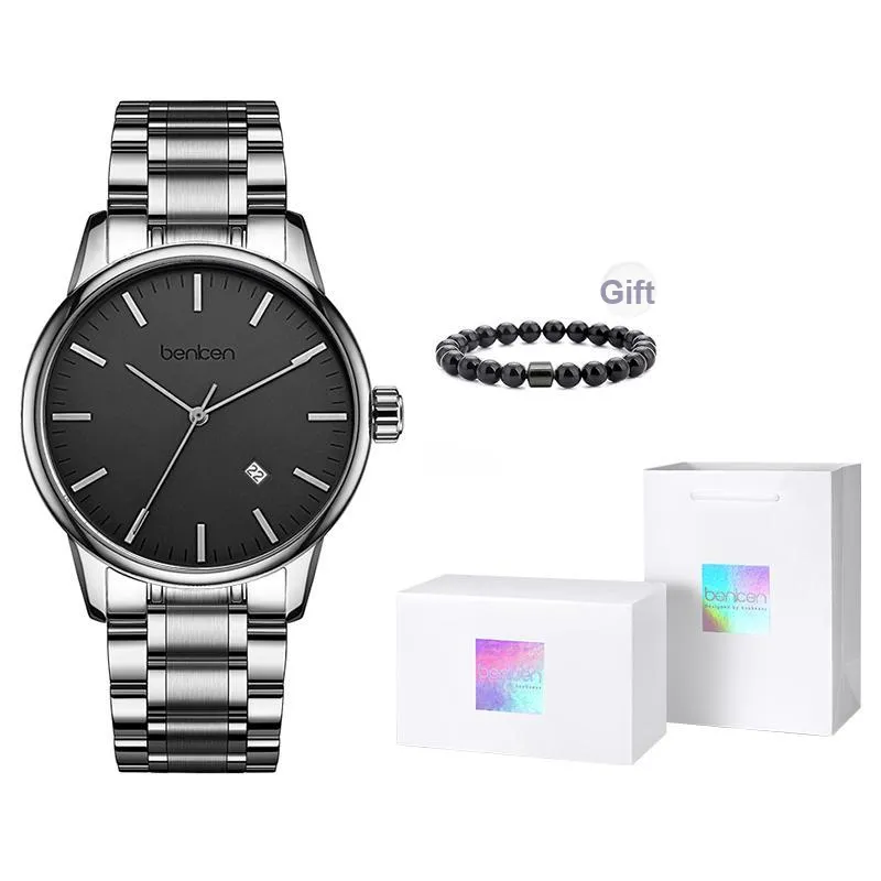 BENKEN Автоматический Механический Механизм Стальной Ремешок Часы Мужские Черный Циферблат