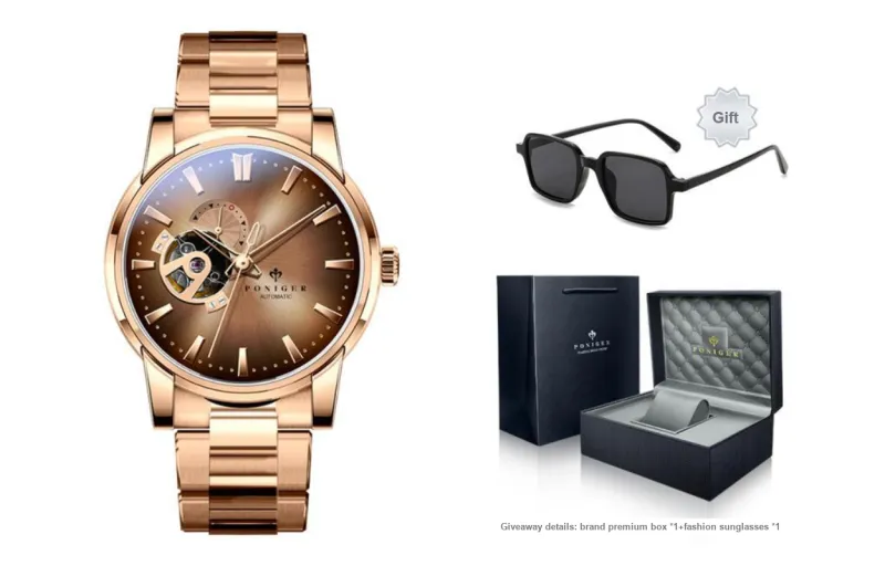 PONIGER Automatic Mechanical Movement Leather Watch Bands Men's Watches Gold Dial P5.19 B-0