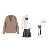 Brown Cardigan+V-Neck Long Sleeve+Dark Night Killer Short Skirt, Includes Bow Ties+Calf Socks+Hanger