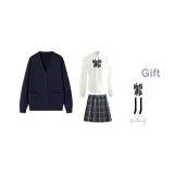 Navy Blue Cardigan+V-Neck Length Sleeve+Dark Night Killer Short Skirt, Includes Bow Ties+Calf Socks+Hanger