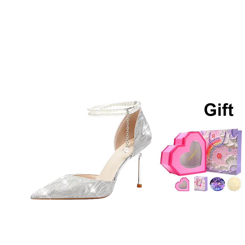 Crelinkxlat Pearl Chain Crystal Shoes For Evening French Slim Heel High Heels Women's Silver