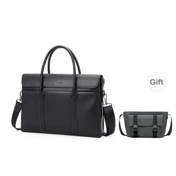 POLO Top Grain Cow Leather Men's Crossbody Bag Briefcases Large Size Men's Black
