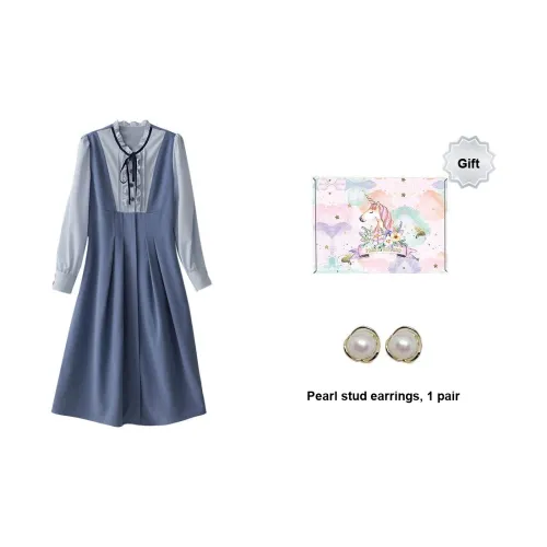 ANNECHEN Длинное платье с длинными рукавами женское синее