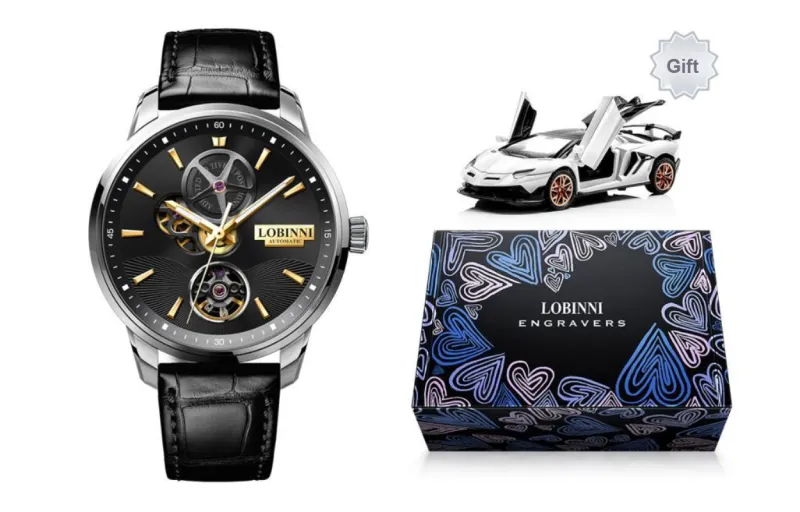 LOBINNI L Automatic Mechanical Movement Genuine Leather Strap Watch Men's Watches Black Dial-7