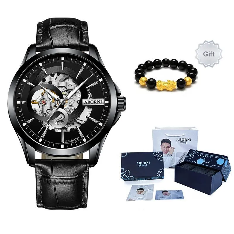 ABORNI Cool Collection Automatic Mechanical Movement Leather Strap Watch Men's Watches Cut Out Dial-17