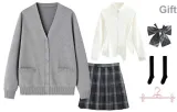 Gray Cardigan+White Long Skirt with Cinched Waist+Dark Night Killer Short Skirt, Includes Bow Ties+Calf Socks+Hanger