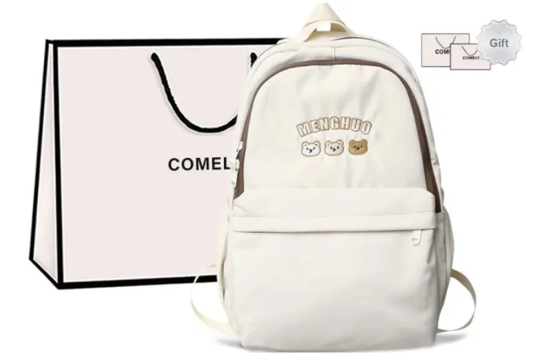 COMELY Nylon Backpack Student Backpack Laptop Bag Large Size Unisex Ecru/Black-4