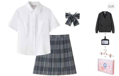 Tokyo Season Uniforms Women's White Short-Sleeved Shirts+Dark Grey Plaid Skirt