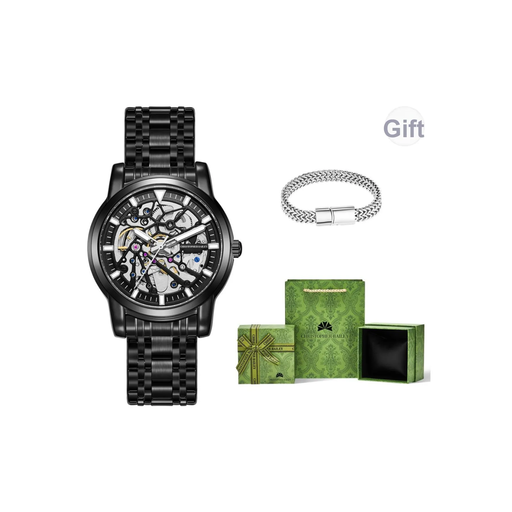 Corriberty Механическое механическое часы из нержавеющей стали с ремешком мужские часы циферблат с открытым механизмом