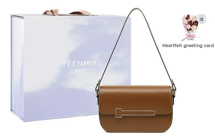 Teenmix Cow Leather Tofu Bag Small Square Bag Underarm Crossbody Bag, Shoulder Bag Regular Women's Brown/Black/Red-0