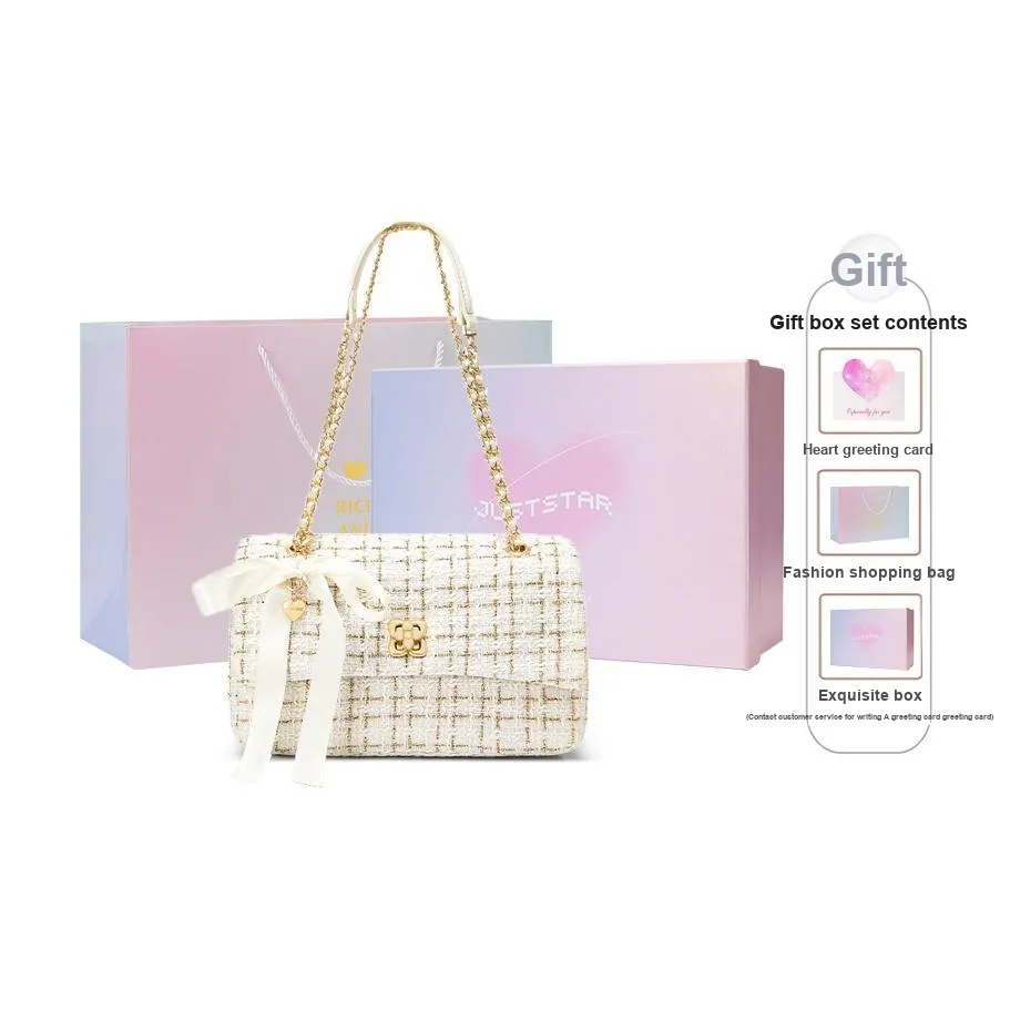 JUST STAR Tweed Small Square Bag, Underarm Crossbody Bag, Shoulder Bag Women's White, Black