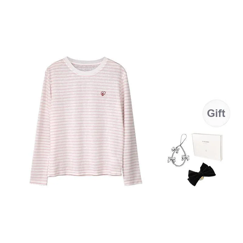 Fstudio Korean Style Stripes Loose Fit Thin Crew Neck Long Sleeved T Shirt Women's-0