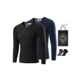 V-Neck Fleece-Lined 2 Pack (Black+Navy Blue) with 2 Pack Socks+Shopping Bag Included