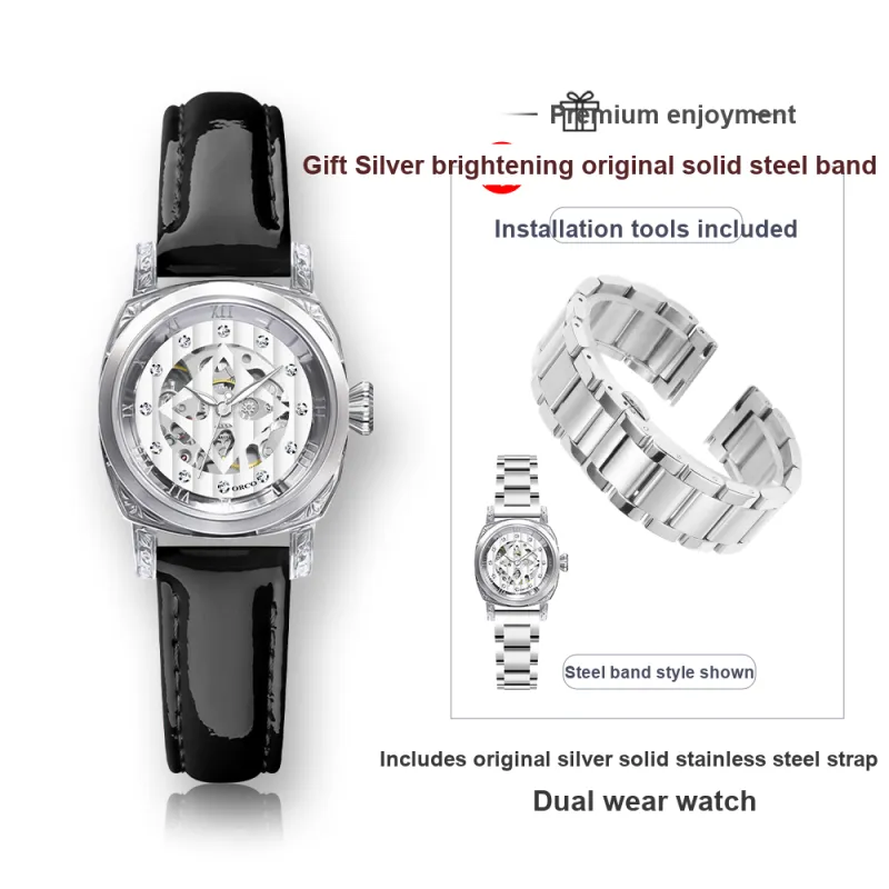 ORCO Automatic Mechanical Movement Cowhide Strap Watch Women's Watch White Dial-23