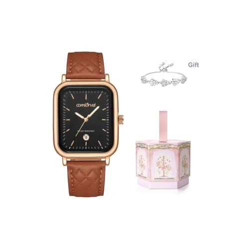 COMLORVEI Vintage Square Luxury Women's Watch Кварцевый механизм Естественная кожа Ремешок Часы Женские Черный циферблат