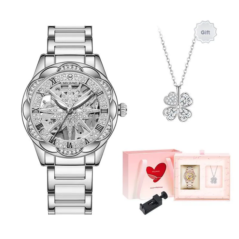 MELSMAO Snowflake Queen Mechanical Movement Ceramic Strap Watch Women's Watch Silver Dial