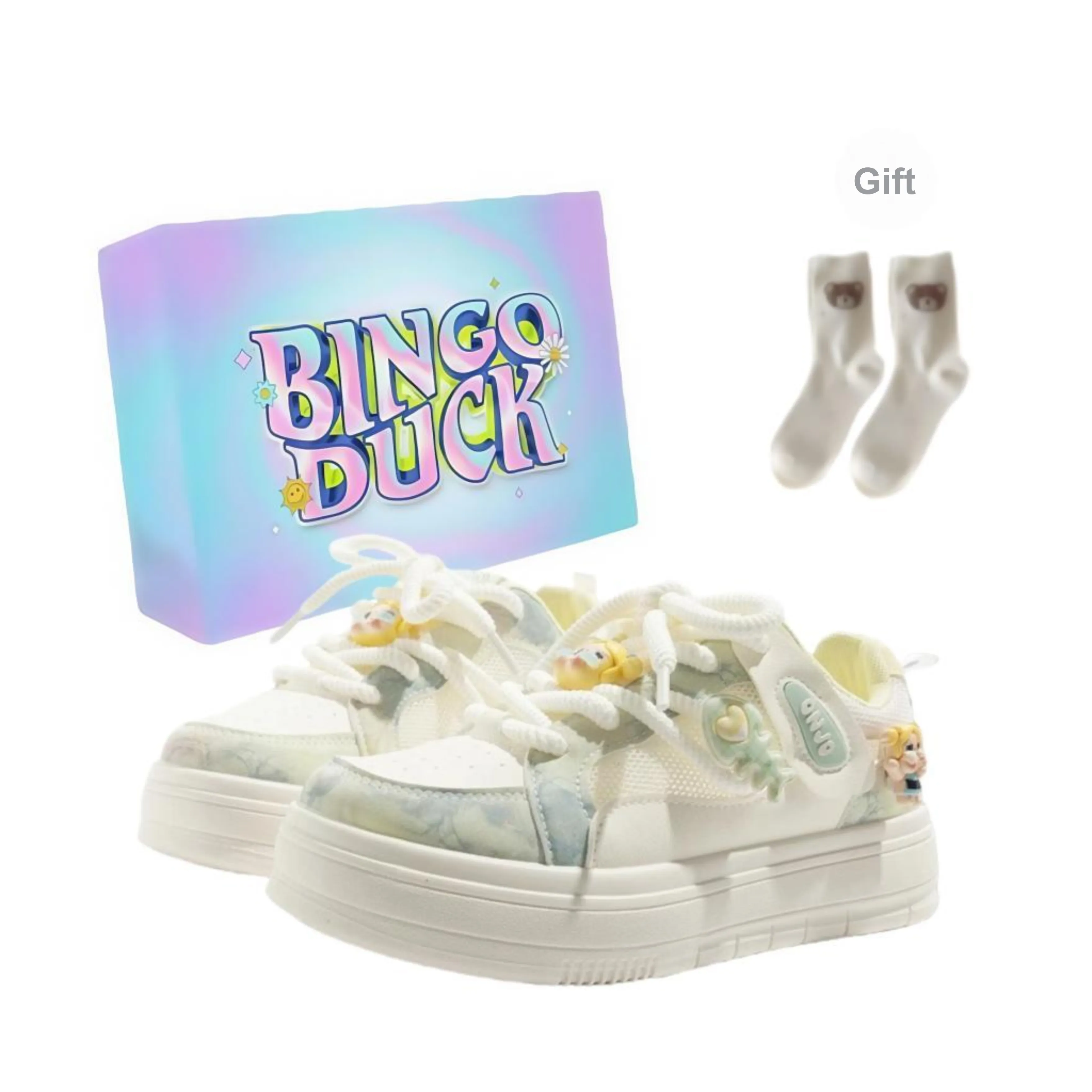 BINGO DUCK Slip Resistant And Breathable Low Top Skateboard Shoes Women's Beige Blue