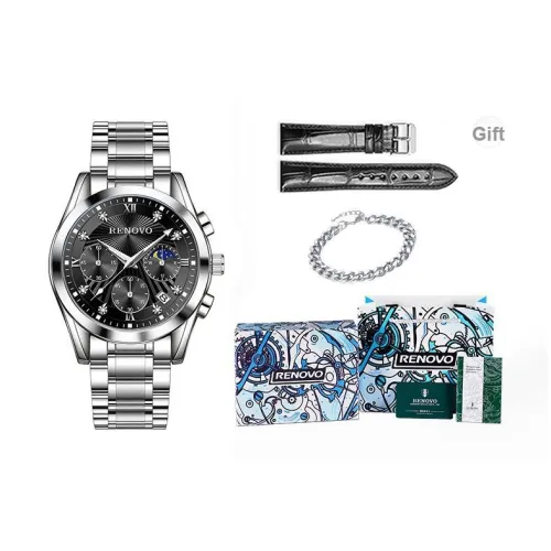 RENOVO Кварцевый механизм нержавеющая сталь ремешок унисекс черный циферблат