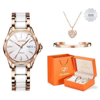 Jin Shi Dun Rhinestone Embellished Box Mechanical Movement Watch Women's Watch White Dial