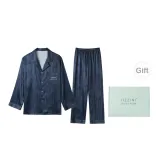 Gift Box Sets - Blue Wood Grain Long-Sleeved Men's Ice Silk Set