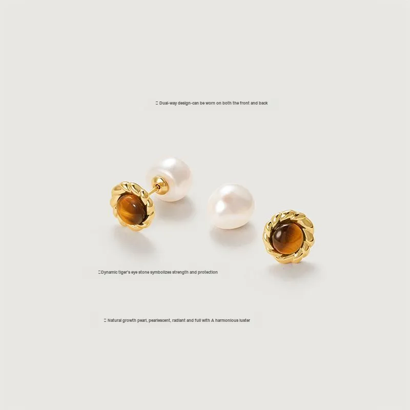Amber Lollipop Caramel Coffee Series Tiger's Eye Stone S925 Sterling Silver Stud Earrings Women's-4