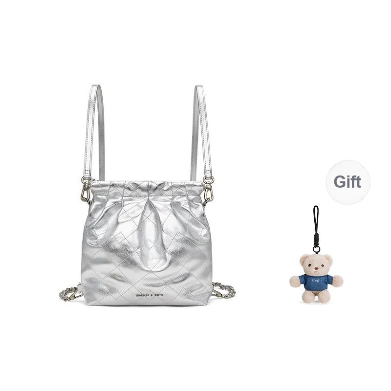 CHARLES&KEITH Polyurethane Synthetic Leather Backpack Women's Black/Cream Milk White/Silver/Pink-16