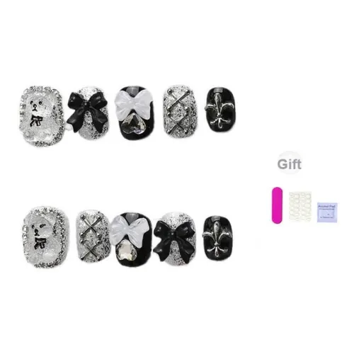 XIBI Прозрачный Кружево Медведь Готический Лолита False Nail Короткий Квадрат Черный Jump Цвет Бант