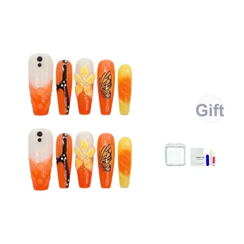 JINGCHANXUE Манго Помело Саго Ручная резьба Маленький Желтый Цветок False Nail Длинный Западный Градиентный Французский 20мм