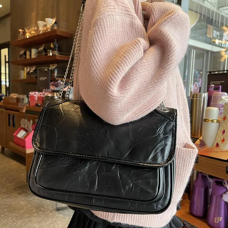 Marino Orlandi Cow Leather Synthetic Leather Chain Bag Shoulder Bag Medium Size Women's Black-3