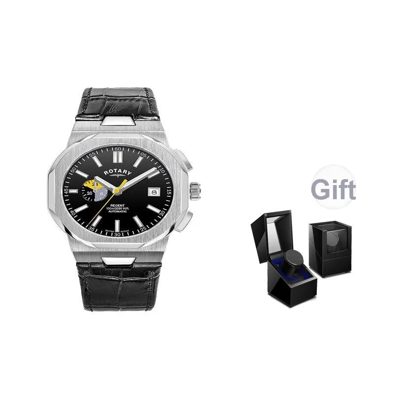 ROTARY Wrist Watch Automatic Mechanical Movement Genuine Leather Strap Black Dial Men's Watches