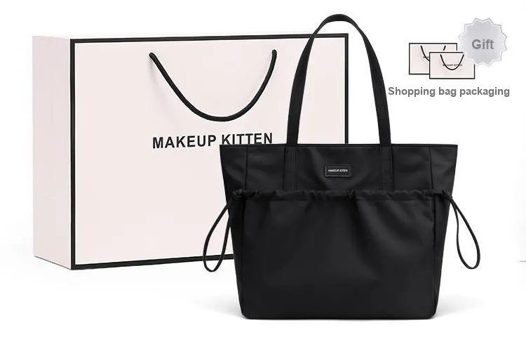 MAKEUP KITTEN Nylon Fabric Fabric Tote Bag Shopping Bag Handbag Shoulder Bag Large Size Women's Khaki-7