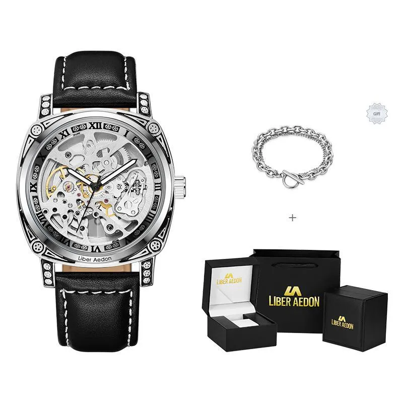 LIBER AEDON Wrist Watch Automatic Mechanical Movement Genuine Leather Strap Cut Out Dial Men's Watches-8