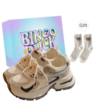 BINGO DUCK Slip Resistant Height Increasing Low Top Chunky Sneakers Women's Beige Blue