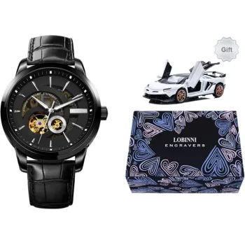 LOBINNI L Automatic Mechanical Movement Genuine Leather Strap Watch Men's Watches Black Dial