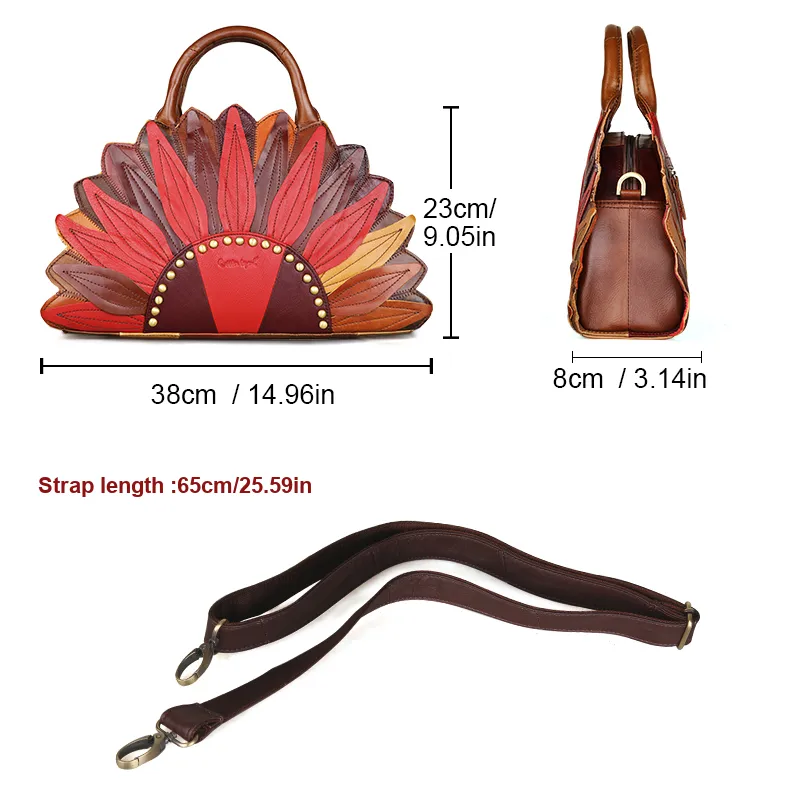 ;COBBLER LEGEND Top Grain Cow Leather Handbags Shoulder Bags Medium Size Women's Red With Apricot And Light Brown-5