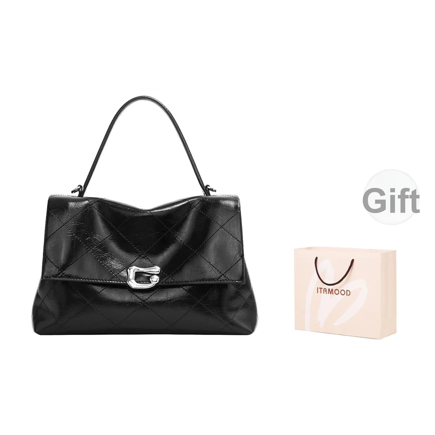 Miao Di Текстура Масляный воск Коровья кожа Тоут Сумка Kelly Сумка через плечо Сумка Обычная Женская Обсидиановый черный