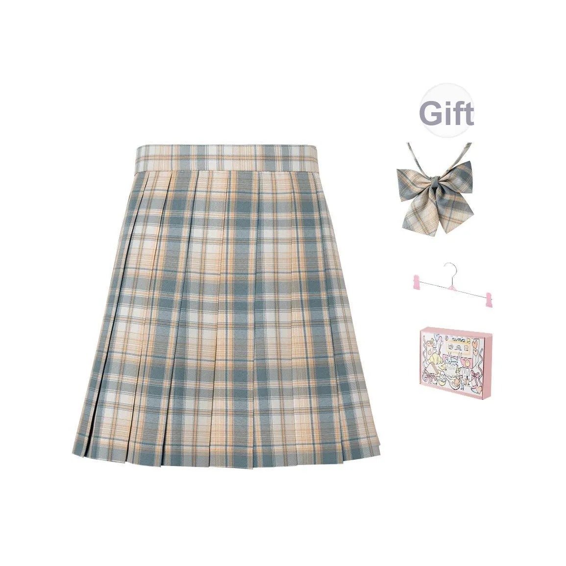 RIMUXINGHE [Лимон Морская соль 43см] Клетчатая Юбка + Галстуки-бабочки Включает Вешалка + Коробка Женская Униформа