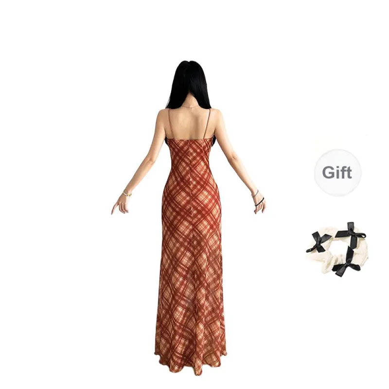 TORIGHT Slip Dress Women's Vintage Plaid+Bowknot Hair Tie Comes With-1
