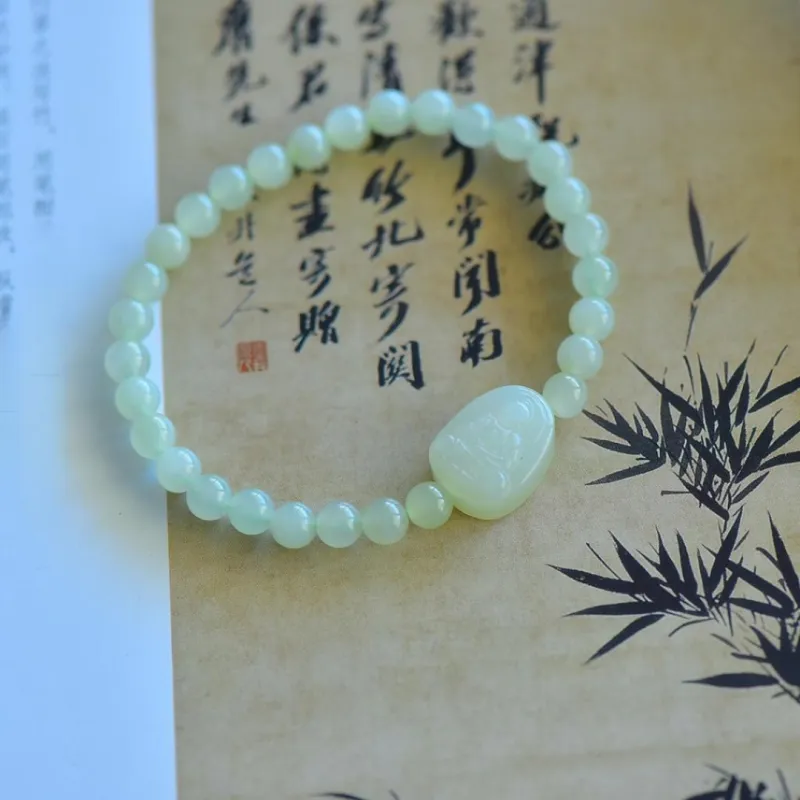 Cuiya Golden Building Hetian Jade Bracelets Pale Greenish-White Jade Unisex-23