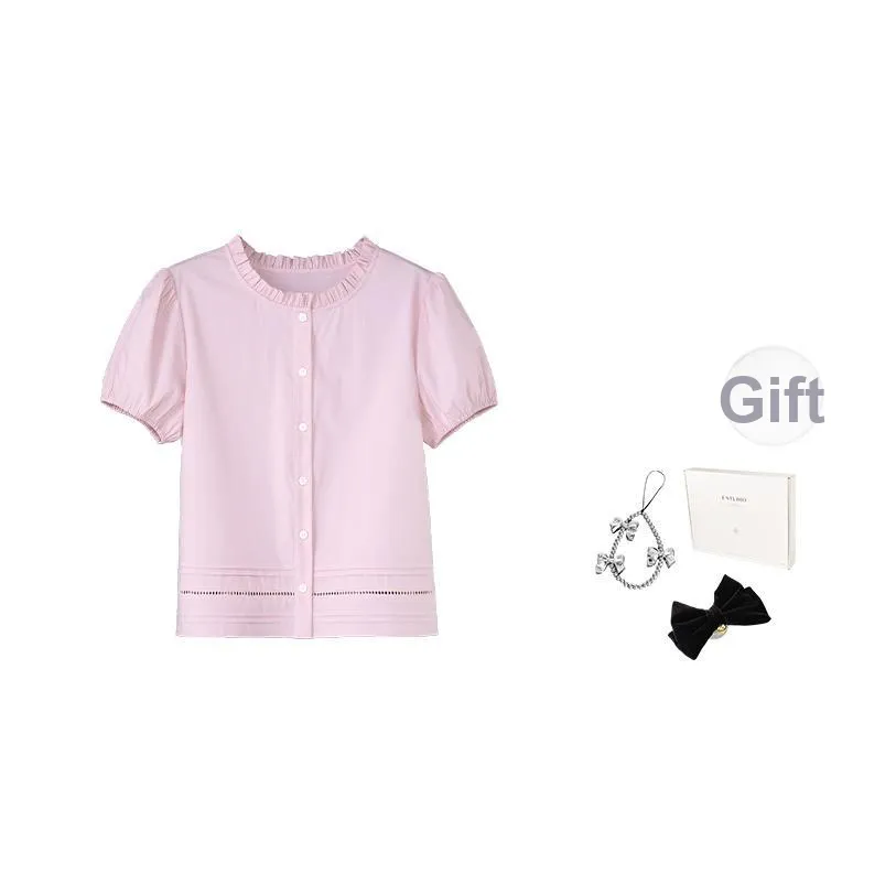 Fstudio Летний Корейский стиль Рюш Кружевная отделка Повседневная Короткая рукавная рубашка Женская