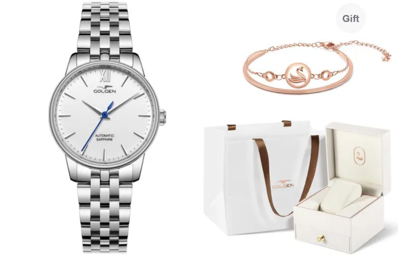 GOLGEN Mechanical Movement Stainless Steel Watchband Watch Unisex White Dial-7