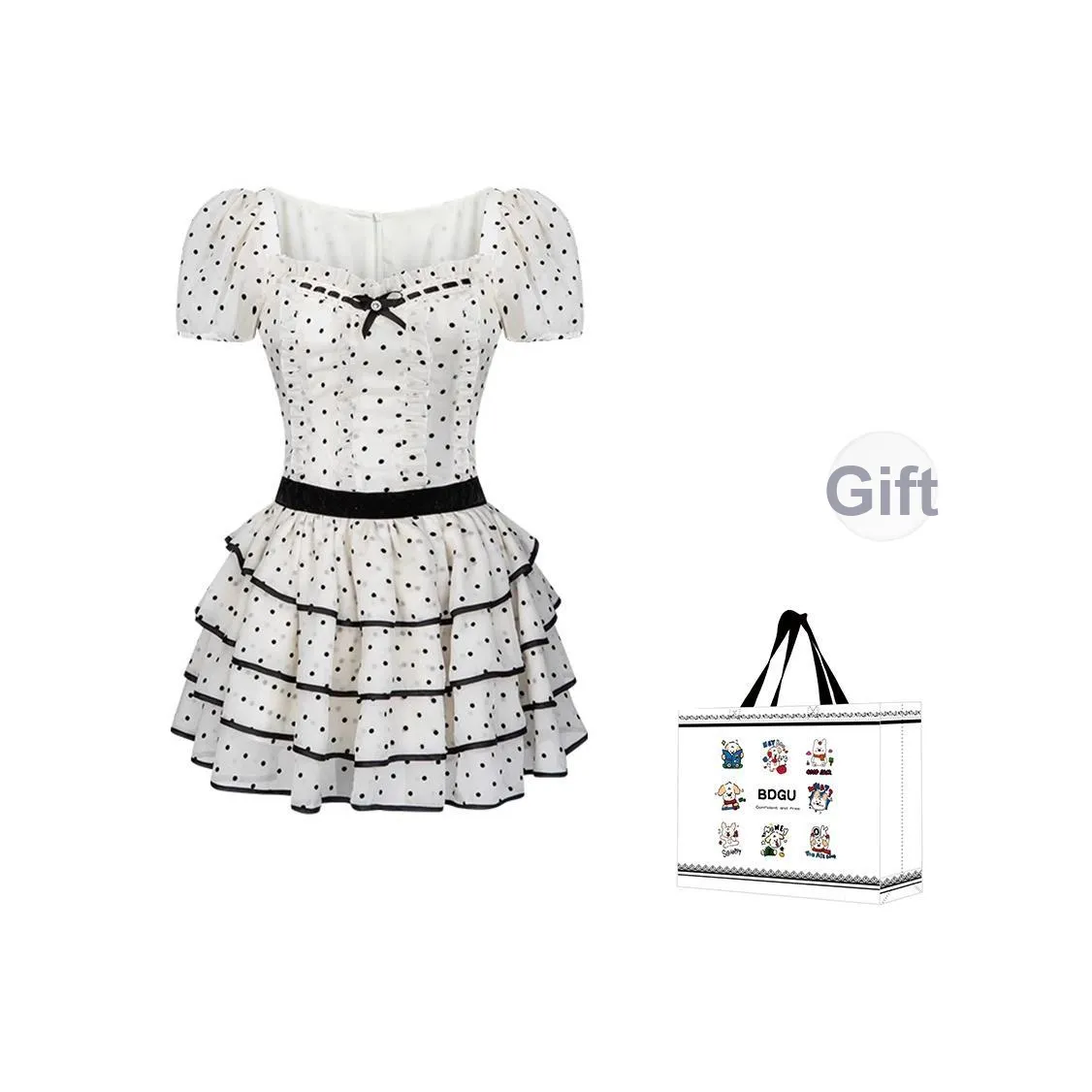 BDGU Short Sleeved Dress Women's White Polka Dot