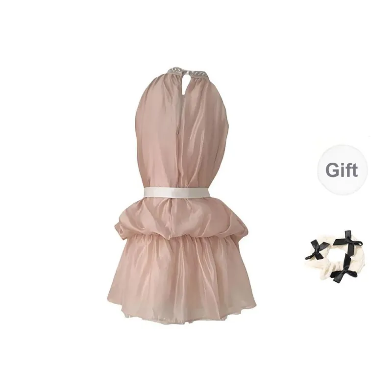 CPAURA Sleeveless Dress Women's Pink+Bowknot Hair Tie Comes With-1
