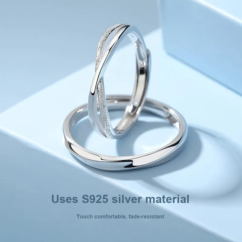 WINY S925 Silver Couple Ring Adjustable, Sandblasted Finish Craft, Love Confession Surprise Box Unisex Silver-3